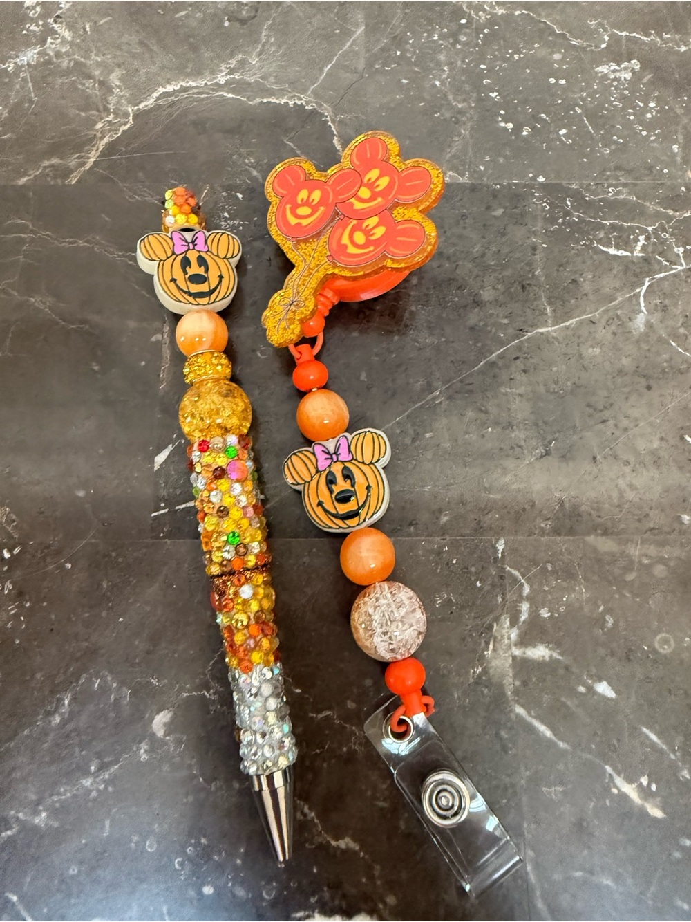 Mickey Halloween Pumpkin Glow Rhinestone Beaded Pen and Matching Badge Reel
